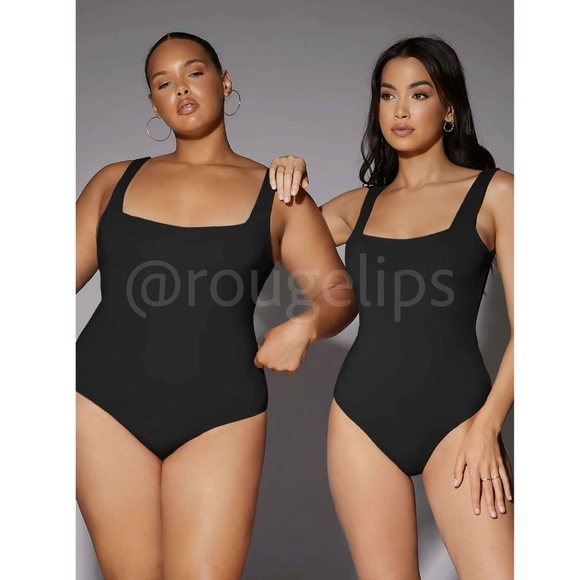 Black Tank Bodysuit Square Neck Slim Fit Stretchy - Picture 5 of 8